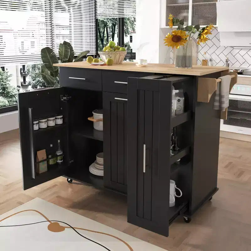 Isola da Cucina Nera con Ruote, Ante a Scomparsa, Mobiletto Estraibile a 3 Livelli e 2 Cassetti