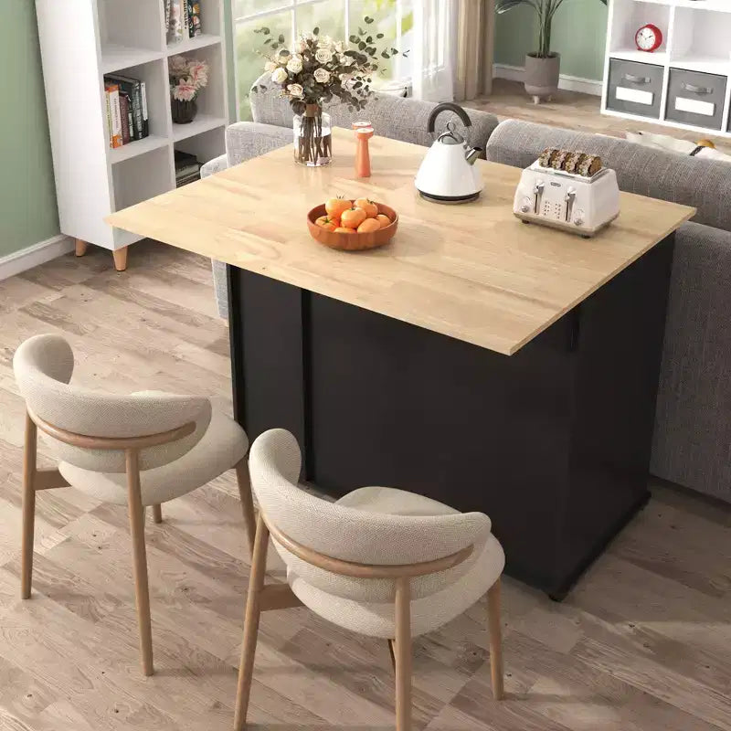 Isola da Cucina Nera con Ruote, Ante a Scomparsa, Mobiletto Estraibile a 3 Livelli e 2 Cassetti