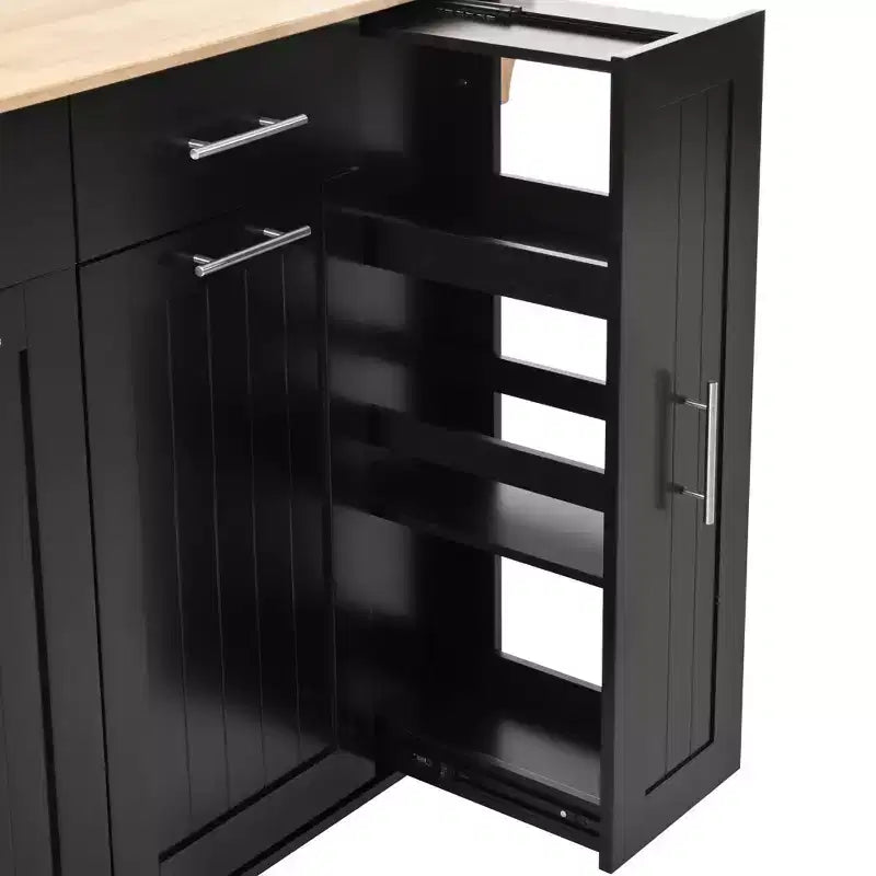 Isola da Cucina Nera con Ruote, Ante a Scomparsa, Mobiletto Estraibile a 3 Livelli e 2 Cassetti