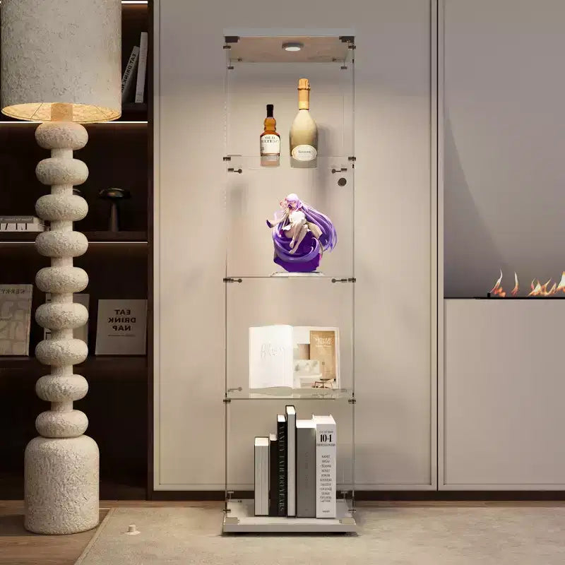 MAYEERTY LED Lights Glass Display Cabinet 4 Shelves with Door Floor Standing Curio 64.7x16.7x14.3 Inches Living Room Bedroom Office White