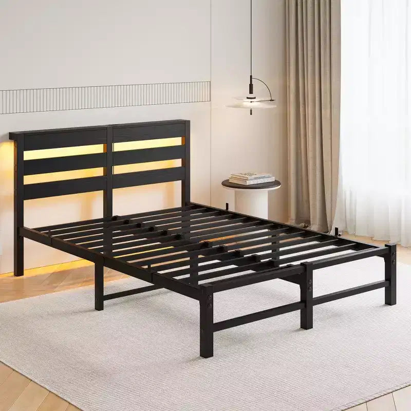 MAYEERTY Full Size Metal Wooden Headboard Bed Frame RGB Lights Outlets Charger Storage Shelf Noise Free No Box Spring Needed