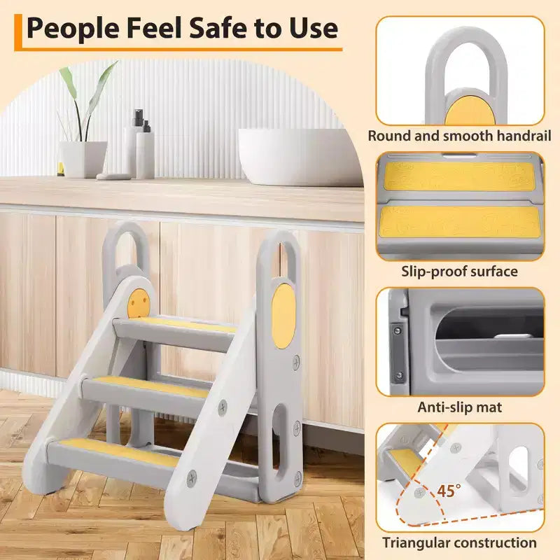 Sgabello pieghevole a 3 gradini per bambini con maniglie e cuscinetti antiscivolo, grigio/giallo, per 1 bambino