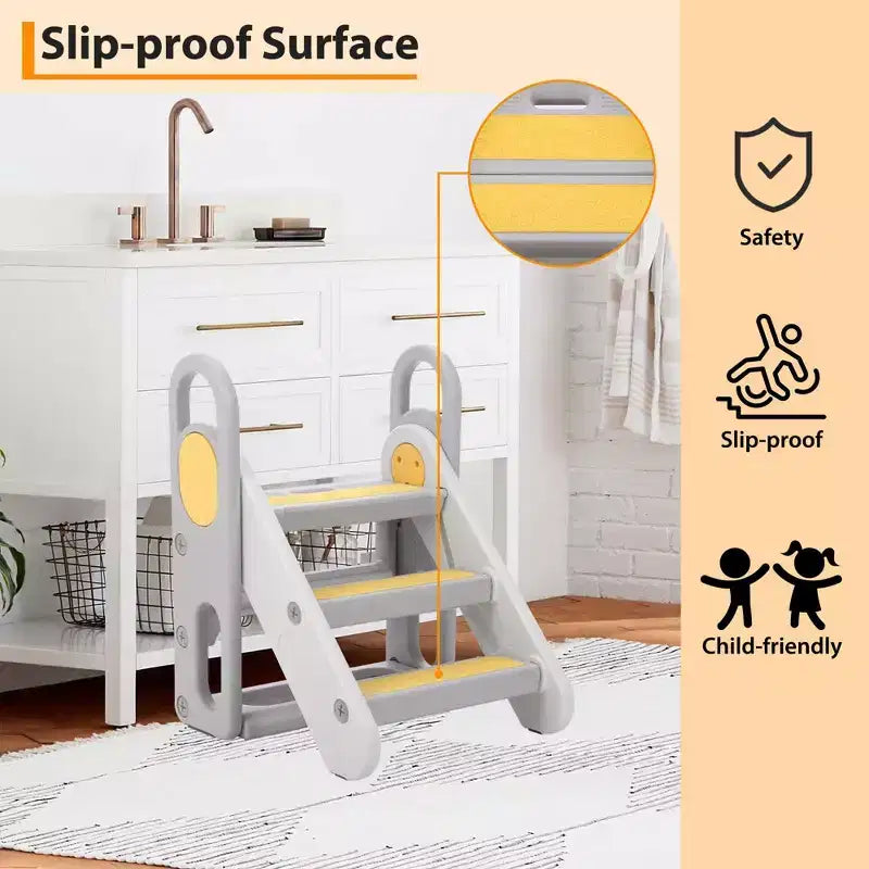 Sgabello pieghevole a 3 gradini per bambini con maniglie e cuscinetti antiscivolo, grigio/giallo, per 1 bambino