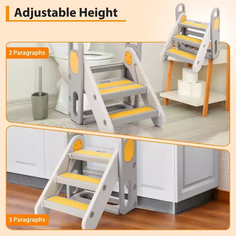 Sgabello pieghevole a 3 gradini per bambini con maniglie e cuscinetti antiscivolo, grigio/giallo, per 1 bambino