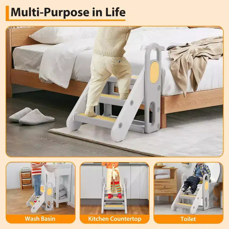 Sgabello pieghevole a 3 gradini per bambini con maniglie e cuscinetti antiscivolo, grigio/giallo, per 1 bambino