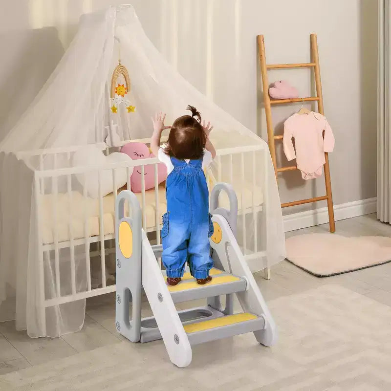 Sgabello pieghevole a 3 gradini per bambini con maniglie e cuscinetti antiscivolo, grigio/giallo, per 1 bambino