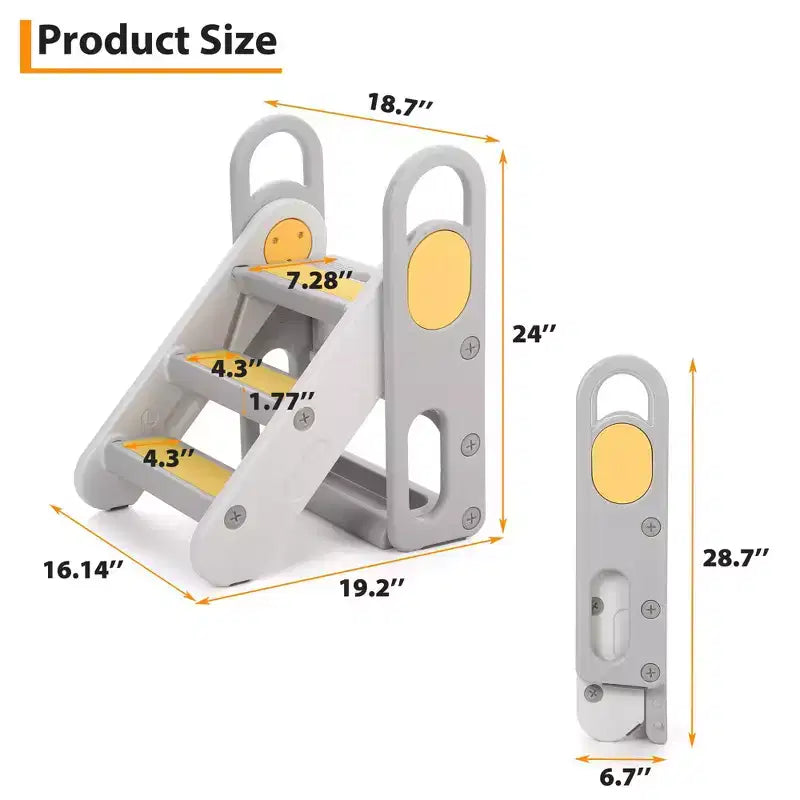 Sgabello pieghevole a 3 gradini per bambini con maniglie e cuscinetti antiscivolo, grigio/giallo, per 1 bambino