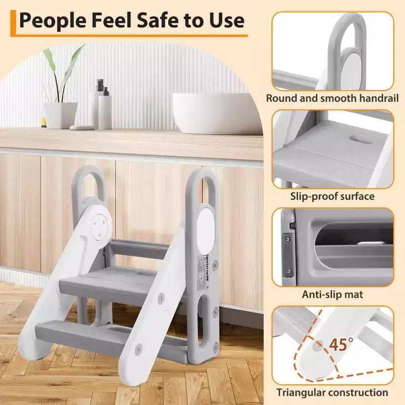 Sgabello pieghevole a 3 gradini per bambini con maniglie e cuscinetti antiscivolo, grigio/giallo, per 1 bambino