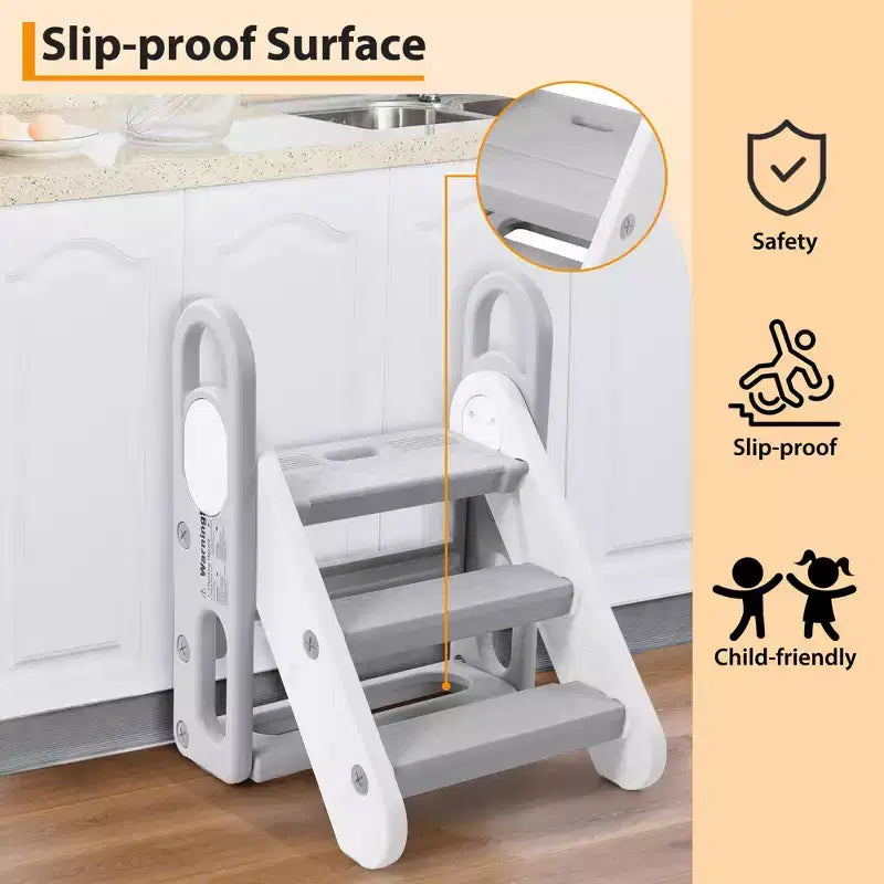 Sgabello pieghevole a 3 gradini per bambini con maniglie e cuscinetti antiscivolo, grigio/giallo, per 1 bambino