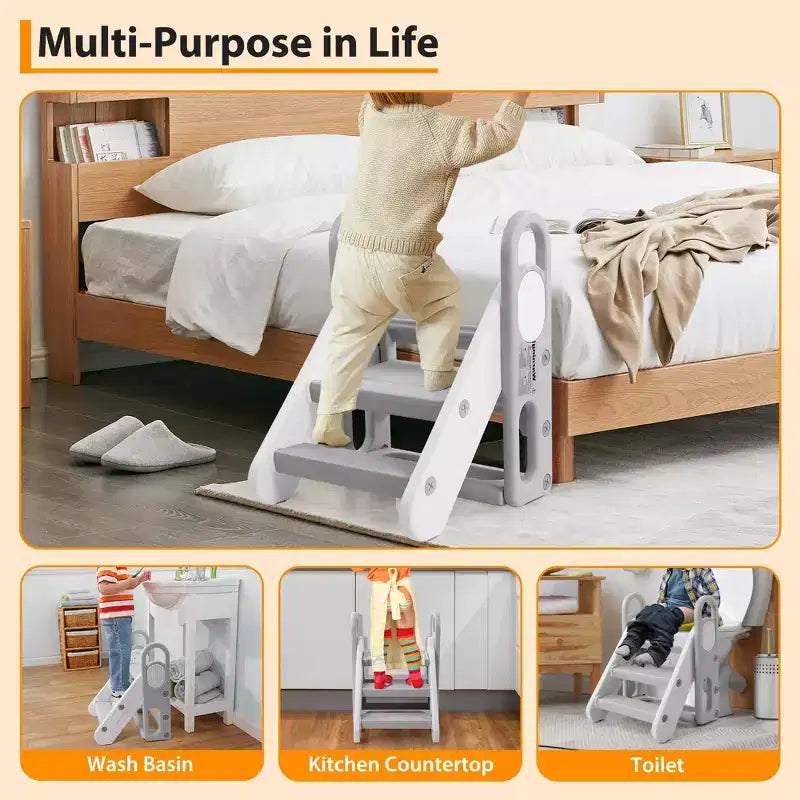 Sgabello pieghevole a 3 gradini per bambini con maniglie e cuscinetti antiscivolo, grigio/giallo, per 1 bambino