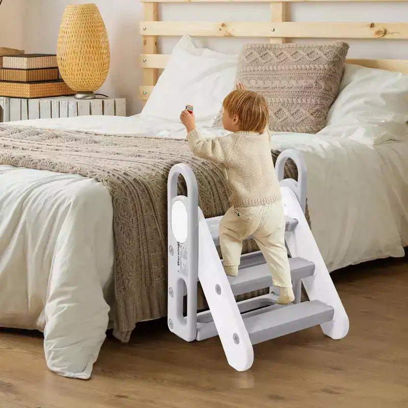 Sgabello pieghevole a 3 gradini per bambini con maniglie e cuscinetti antiscivolo, grigio/giallo, per 1 bambino