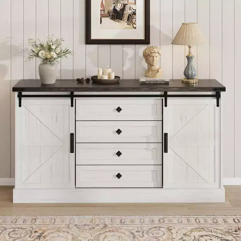 Farmhouse 59 Dresser with Sliding Barn Doors, 4-Drawer TV Stand & Storage Chest for Bedroom or Living Room