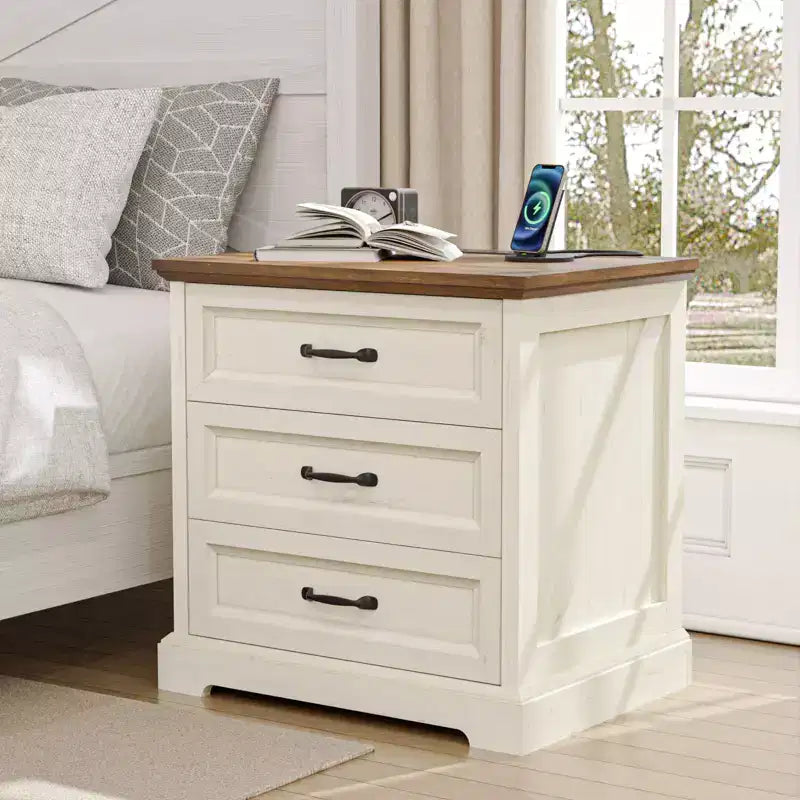 Hommpa Modern Rustic Bedside Table Nightstand 3 Drawers with Charging Station for Bedroom or Living Room