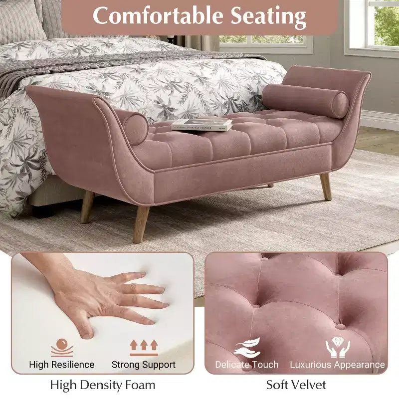Panca imbottita in velluto e tessuto moderno di metà secolo, beige/blu/rosa/viola, con 2 cuscini, 1 posto