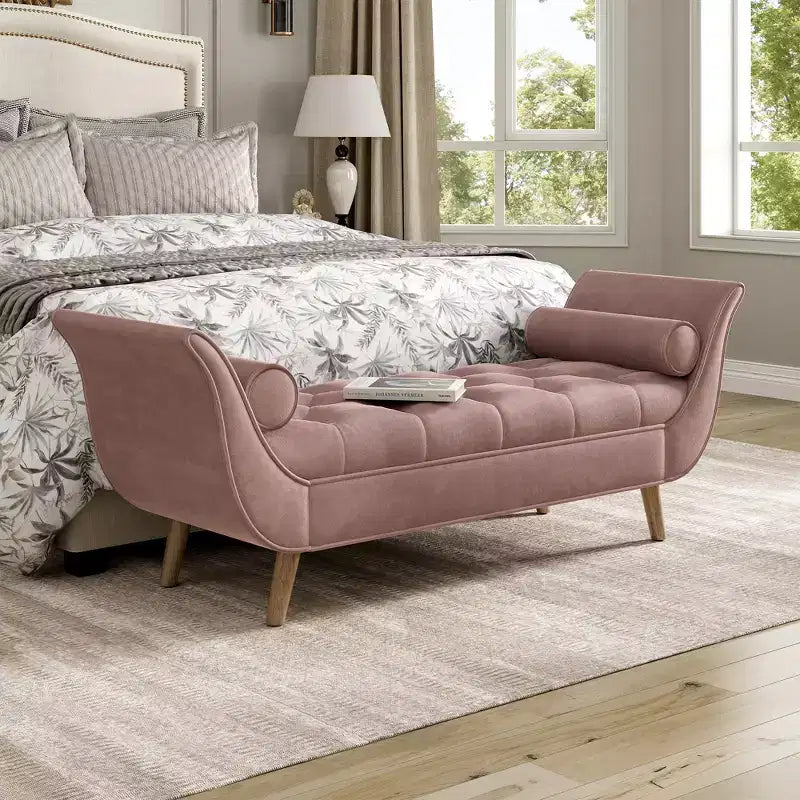 Panca imbottita in velluto e tessuto moderno di metà secolo, beige/blu/rosa/viola, con 2 cuscini, 1 posto