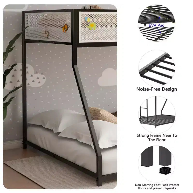 Letto a castello in metallo bianco e nero, con letto a una piazza e mezza superiore e letto matrimoniale inferiore, per 2 persone