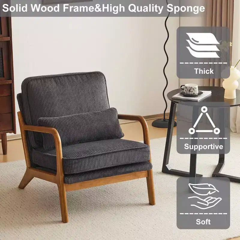 Karl Home Mid Century Solid Wood Accent Chair Upholstered Armchair with an Extra Pillow