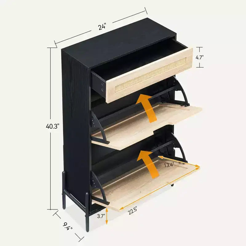 Scarpiera in Rattan Nero/Quercia a 2 ante con cassetto, capacità 12 paia