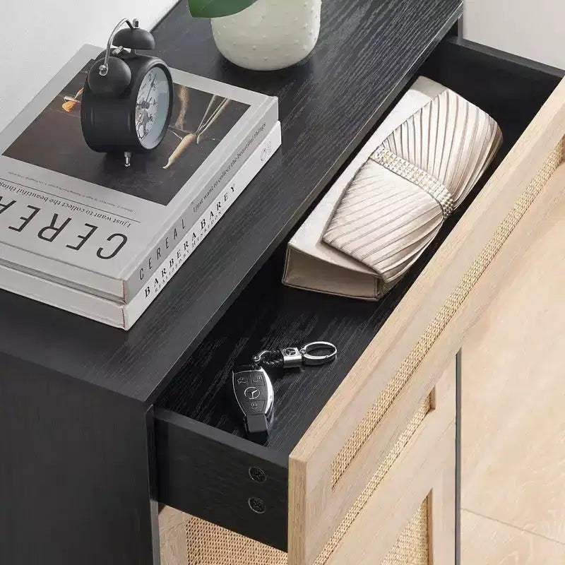 Scarpiera in Rattan Nero/Quercia a 2 ante con cassetto, capacità 12 paia