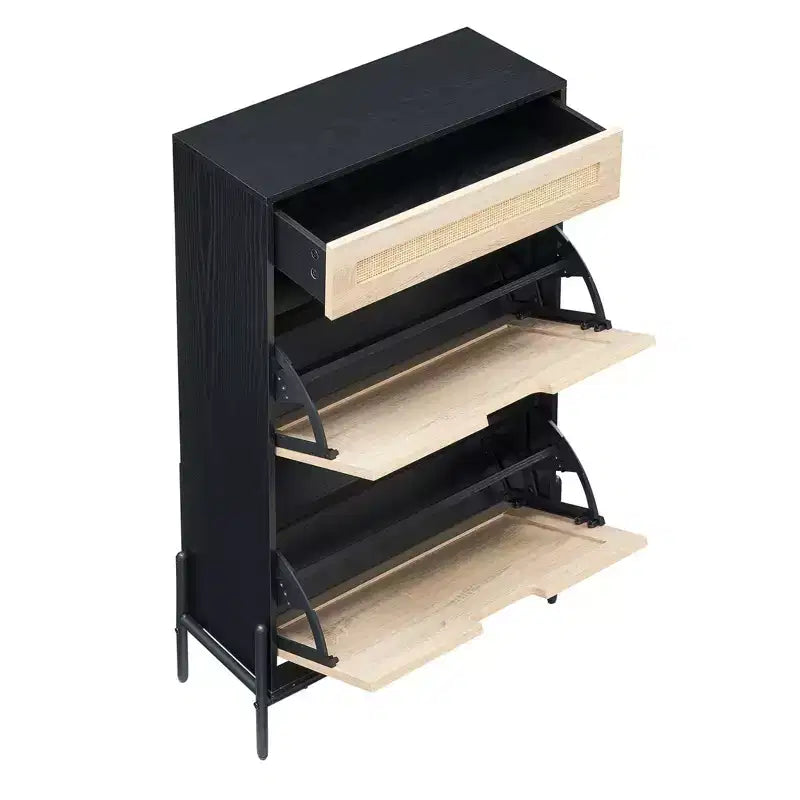 Scarpiera in Rattan Nero/Quercia a 2 ante con cassetto, capacità 12 paia