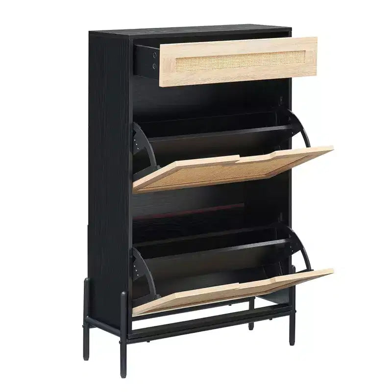 Scarpiera in Rattan Nero/Quercia a 2 ante con cassetto, capacità 12 paia