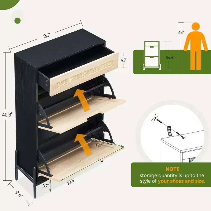 Scarpiera in Rattan Nero/Quercia a 2 ante con cassetto, capacità 12 paia
