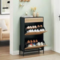 Coolmee Natural Rattan Shoe Cabinet, 2 Flip Door Shoe Rack with Drawer, Freestanding Shoe Organizer with Adjustable Shelf for Hallway, Entryway