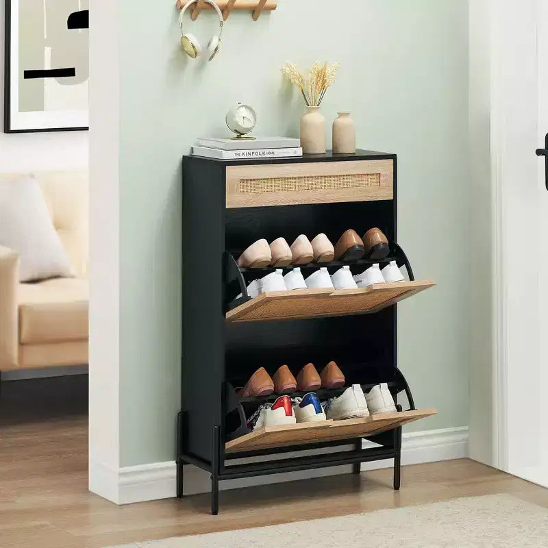 Coolmee Natural Rattan Shoe Cabinet, 2 Flip Door Shoe Rack with Drawer, Freestanding Shoe Organizer with Adjustable Shelf for Hallway, Entryway