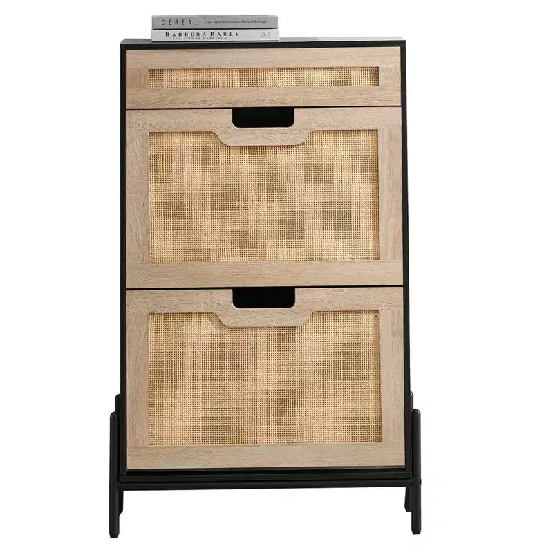 Scarpiera in Rattan Nero/Quercia a 2 ante con cassetto, capacità 12 paia