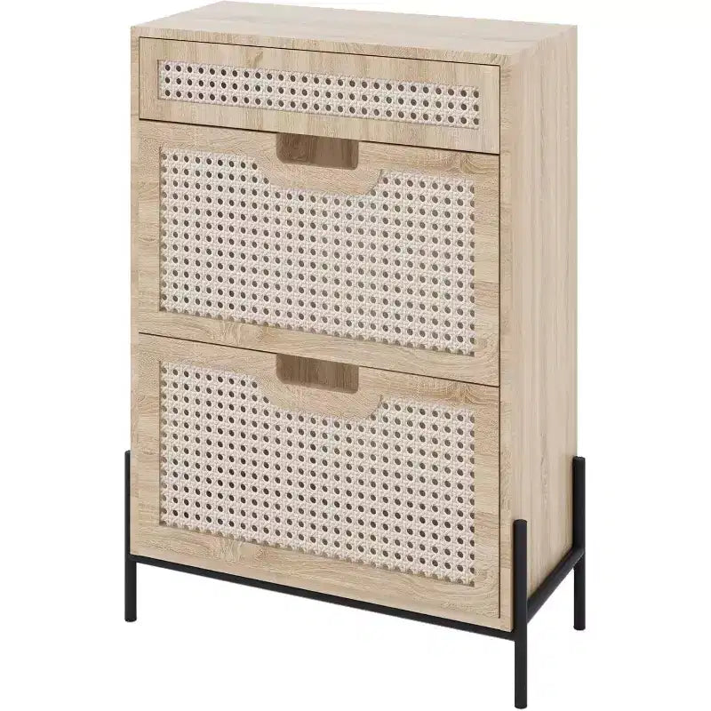 Scarpiera in Rattan Nero/Quercia a 2 ante con cassetto, capacità 12 paia