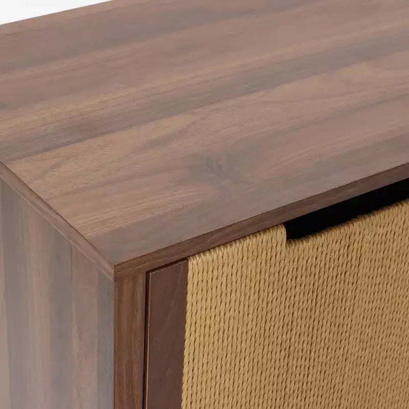 Credenza in noce marrone con cassetti in corda intrecciata, 2 cassetti + anta