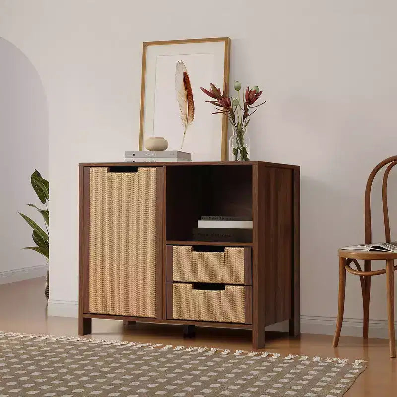 Credenza in noce marrone con cassetti in corda intrecciata, 2 cassetti + anta