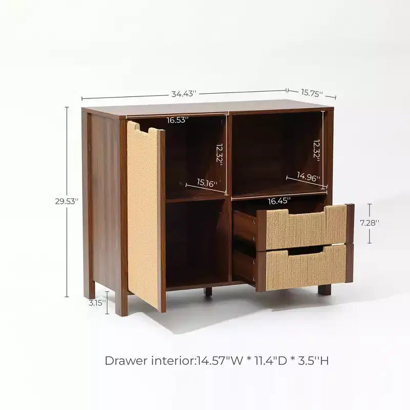 Credenza in noce marrone con cassetti in corda intrecciata, 2 cassetti + anta