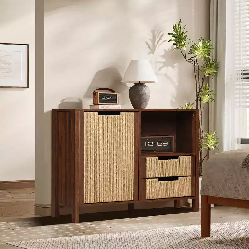 Credenza in noce marrone con cassetti in corda intrecciata, 2 cassetti + anta