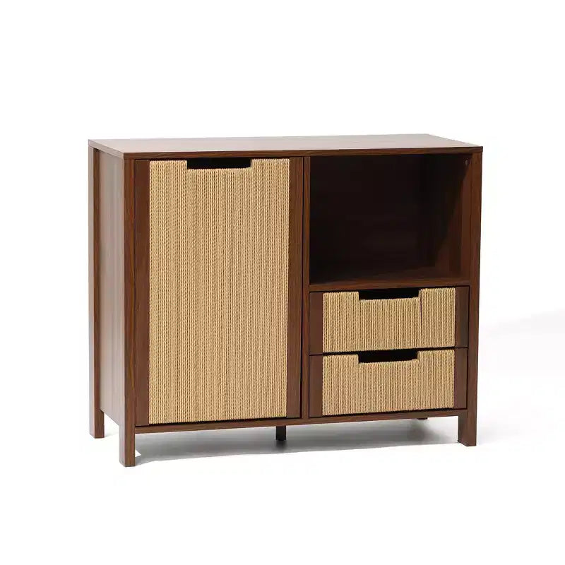 Credenza in noce marrone con cassetti in corda intrecciata, 2 cassetti + anta