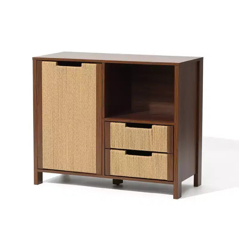 Credenza in noce marrone con cassetti in corda intrecciata, 2 cassetti + anta
