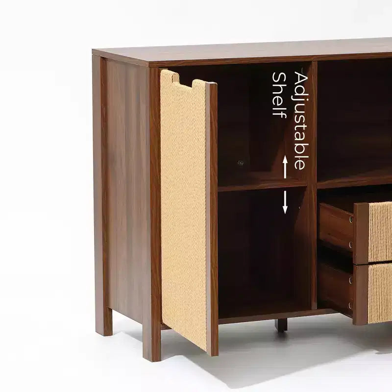 Credenza in noce marrone con cassetti in corda intrecciata, 2 cassetti + anta