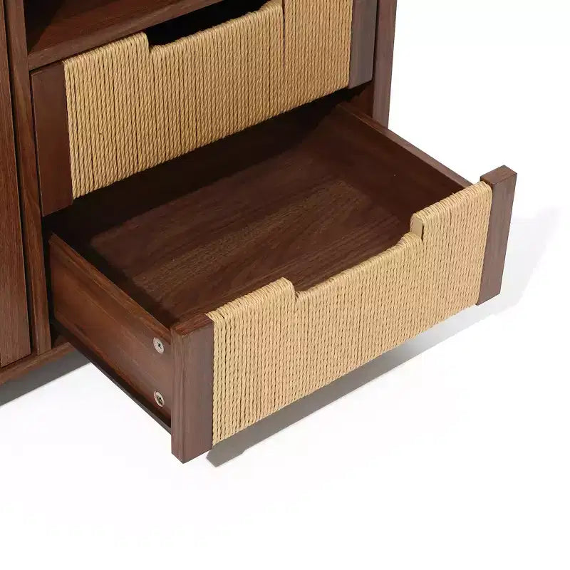 Credenza in noce marrone con cassetti in corda intrecciata, 2 cassetti + anta