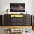 63 TV Stand for up to 75 Inch TV - Fabric Chest of Drawers with Charging Station, LED Lights, Open Shelves, 12 Drawer Dresser