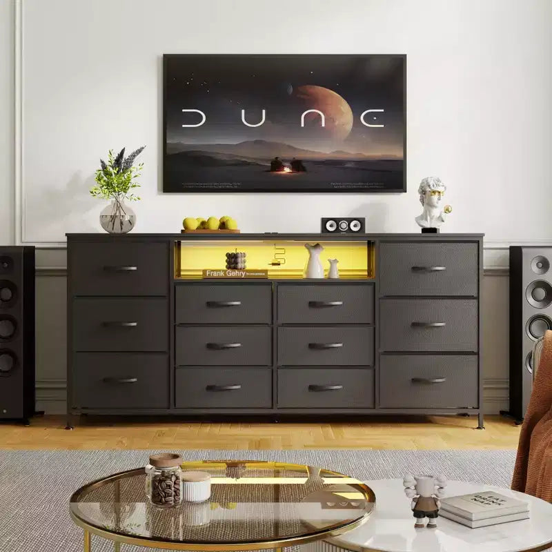 63 TV Stand for up to 75 Inch TV - Fabric Chest of Drawers with Charging Station, LED Lights, Open Shelves, 12 Drawer Dresser