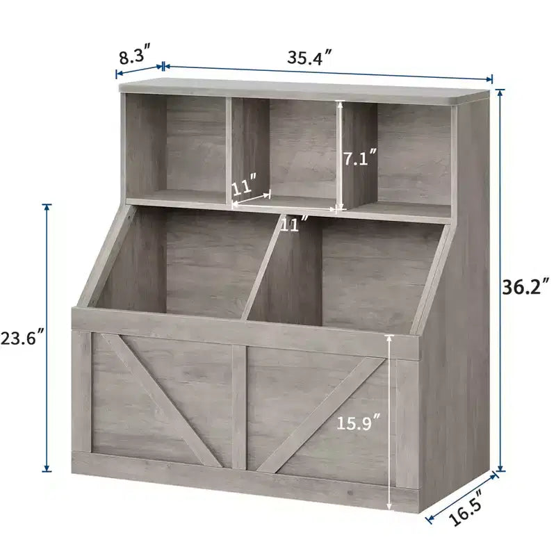 Libreria e contenitore per giocattoli per bambini – Bianco antico / Grigio / Bianco, 1 bambino, con armadietto e ripiani