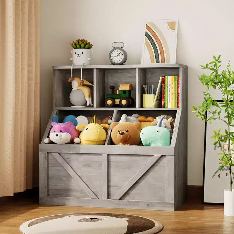 Libreria e contenitore per giocattoli per bambini – Bianco antico / Grigio / Bianco, 1 bambino, con armadietto e ripiani