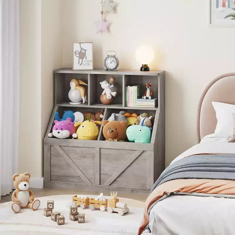 Libreria e contenitore per giocattoli per bambini – Bianco antico / Grigio / Bianco, 1 bambino, con armadietto e ripiani