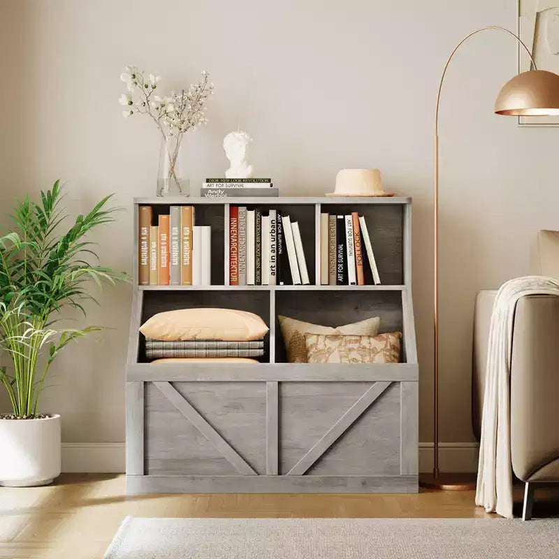 Libreria e contenitore per giocattoli per bambini – Bianco antico / Grigio / Bianco, 1 bambino, con armadietto e ripiani