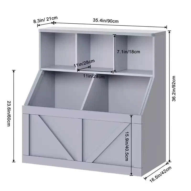 Libreria e contenitore per giocattoli per bambini – Bianco antico / Grigio / Bianco, 1 bambino, con armadietto e ripiani