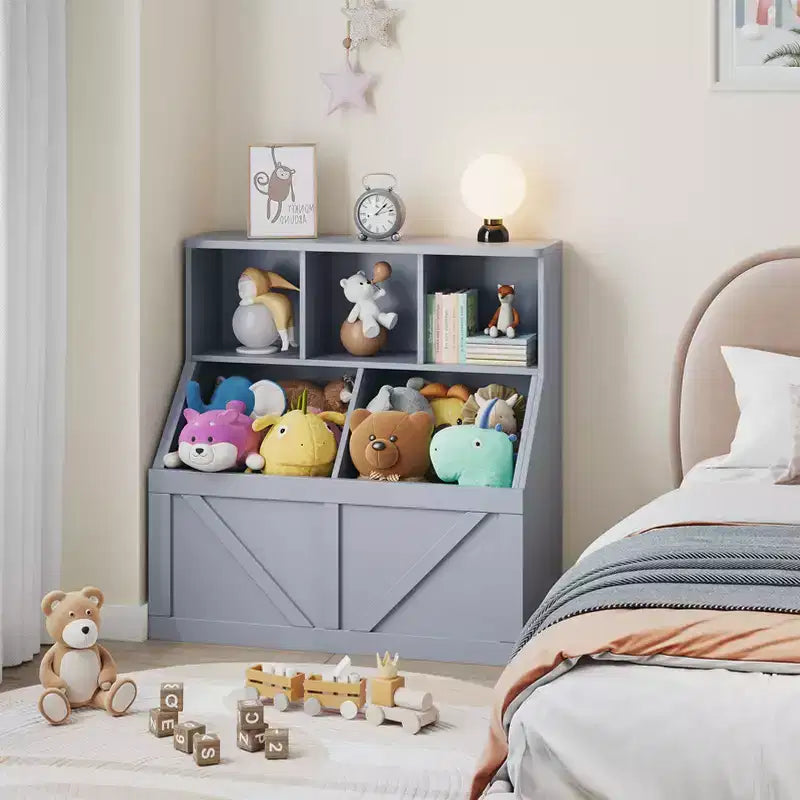 Libreria e contenitore per giocattoli per bambini – Bianco antico / Grigio / Bianco, 1 bambino, con armadietto e ripiani