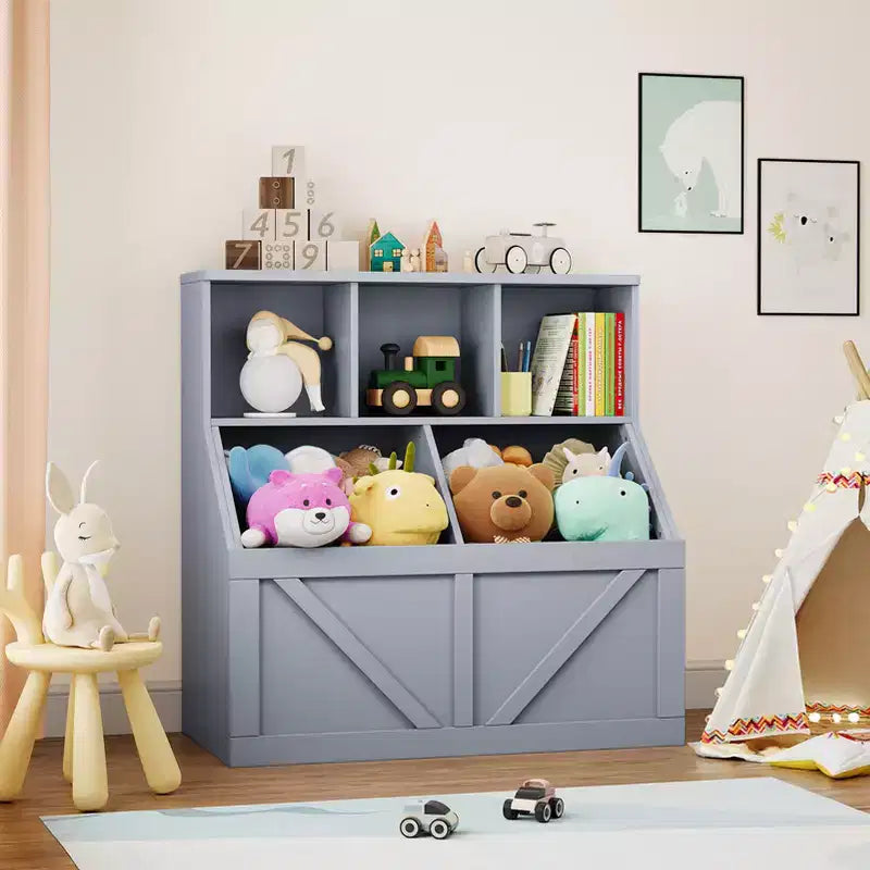 Libreria e contenitore per giocattoli per bambini – Bianco antico / Grigio / Bianco, 1 bambino, con armadietto e ripiani