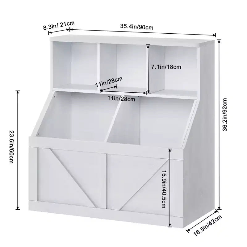Libreria e contenitore per giocattoli per bambini – Bianco antico / Grigio / Bianco, 1 bambino, con armadietto e ripiani