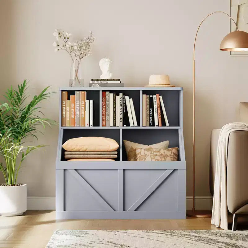 Libreria e contenitore per giocattoli per bambini – Bianco antico / Grigio / Bianco, 1 bambino, con armadietto e ripiani