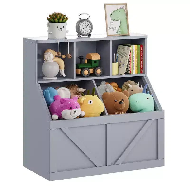 Libreria e contenitore per giocattoli per bambini – Bianco antico / Grigio / Bianco, 1 bambino, con armadietto e ripiani